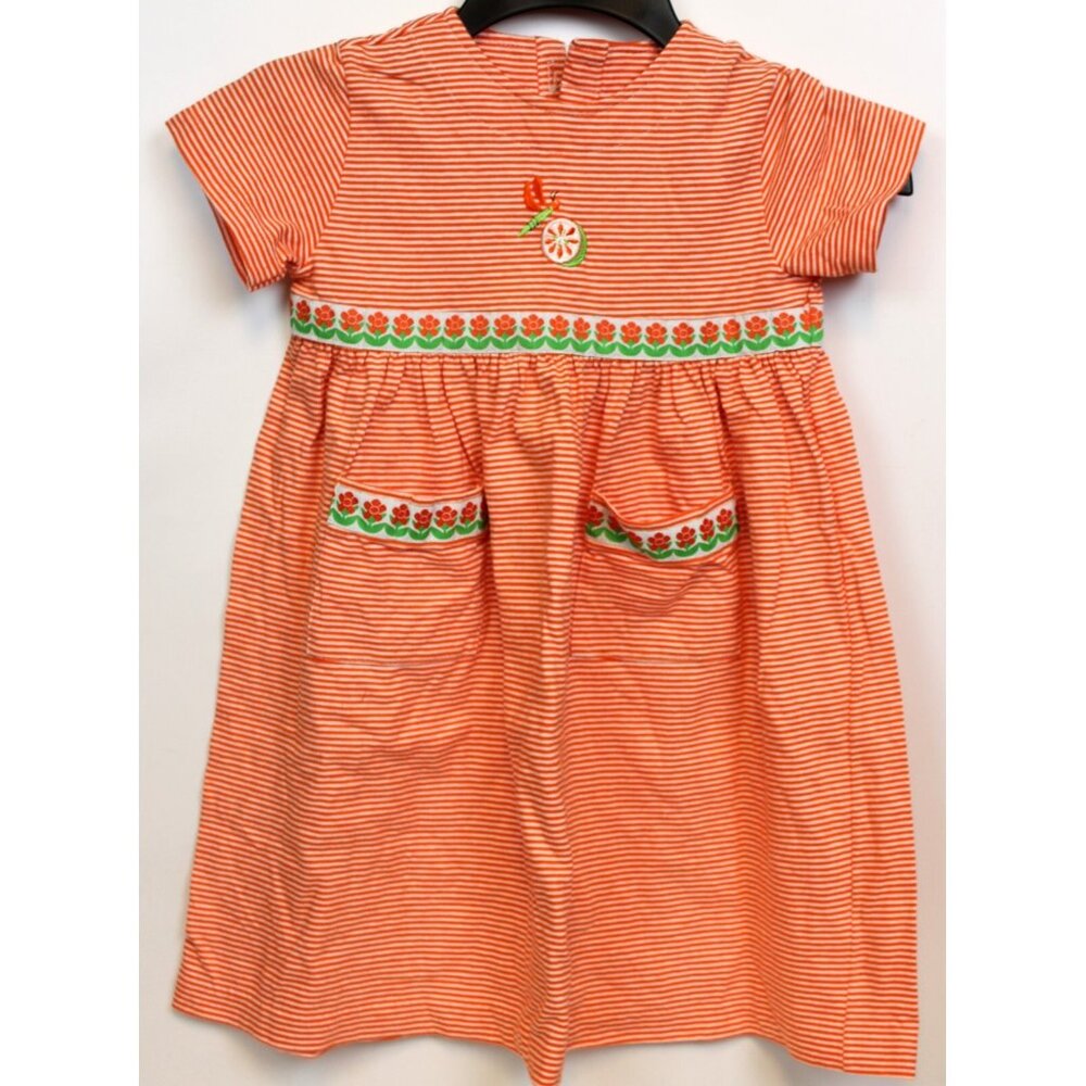 Chez Ami Orange Striped Dress sz 6 Flowers Citrus Dragonfly Pockets Cotton Play
